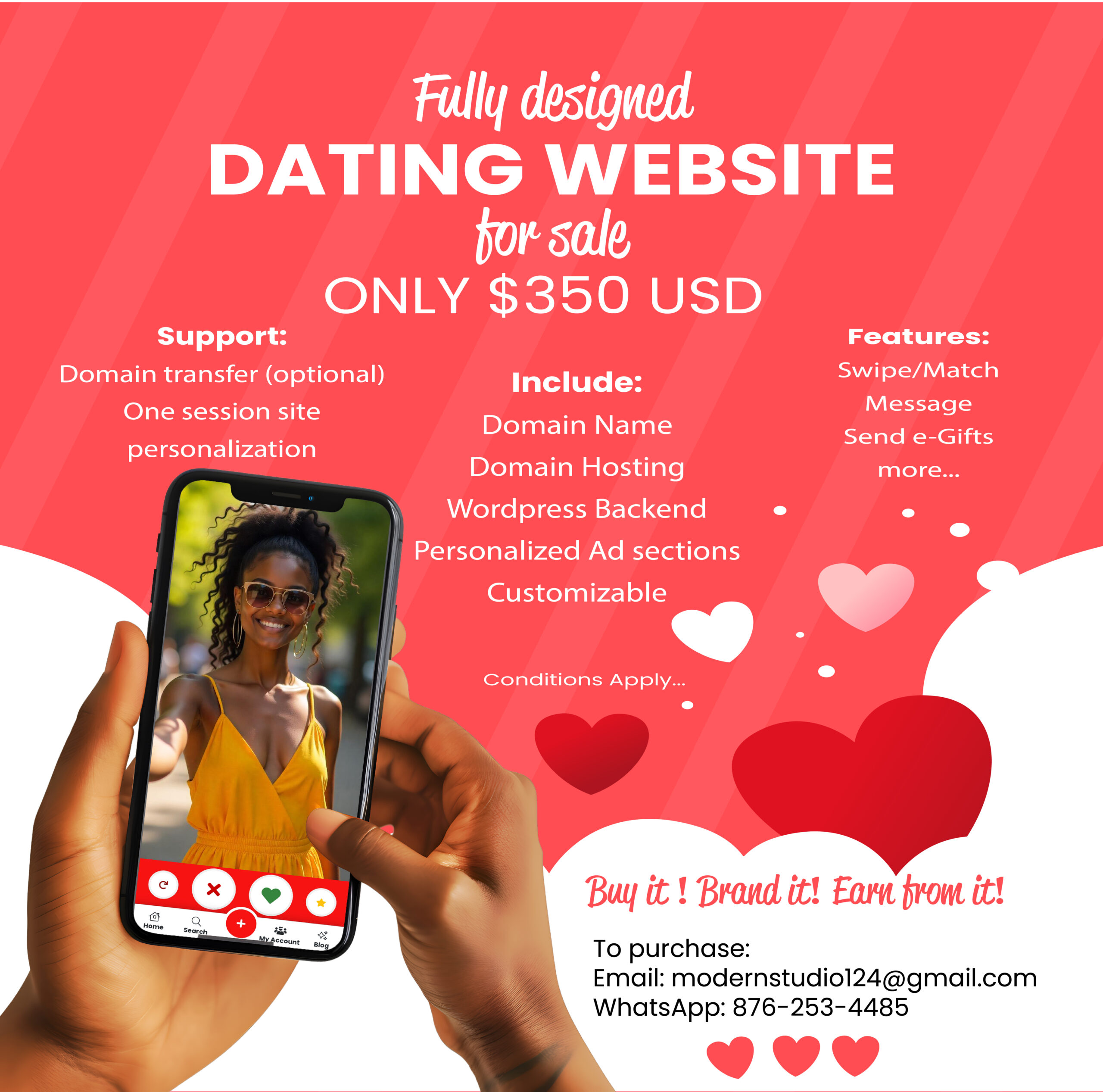 Be a part of something big. Imagine owning your own dating website helping couples find everlasting love. Be that bridge ❤️. Buy,  Launch, Earn.

Fully designed and functional dating website. Backend installed. Email: modernstudio124@gmail.com  