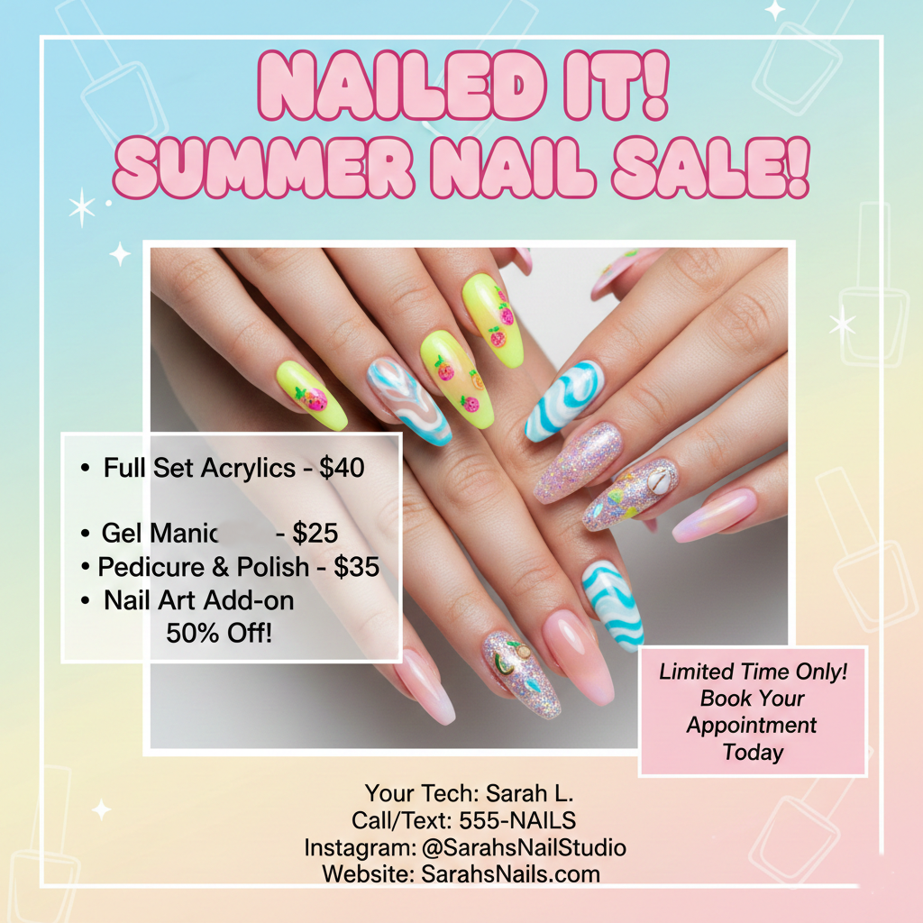 Deals on nails. Full set discounts. Gel manicure. Pedicure. Art ad on and more. Discounts all month long.