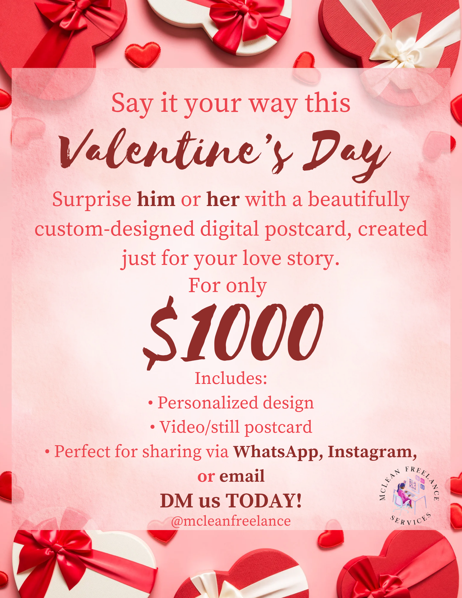 💘 Valentine’s Day Special 💘
Personalized digital postcards for him or her — video or still.
✨ Only $1000